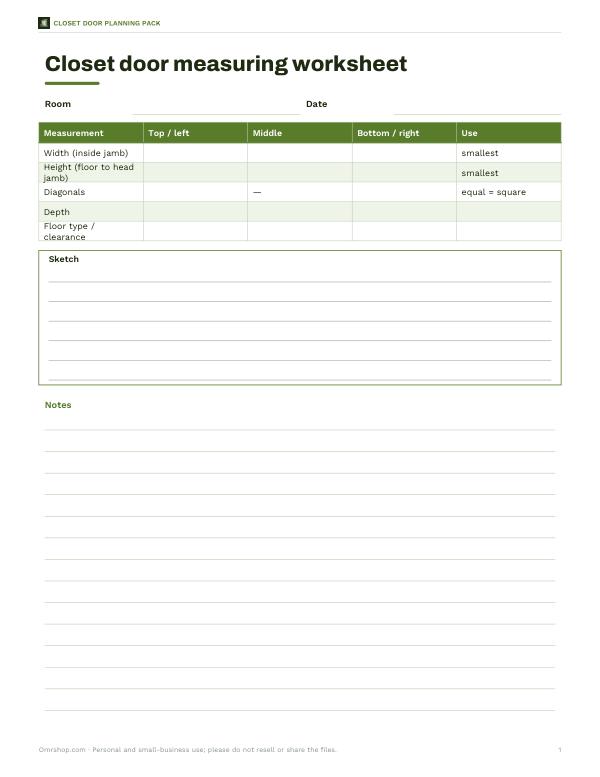 Preview of Printable Closet Door Measuring Worksheet